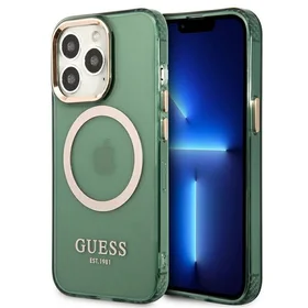 Guess GUHMP13LHTCMA iPhone 13 Pro / 13 6.1" žalias/khaki kietas dėklas telefonui su auksiniu kontūru, permatomas Magnetinis MagSafe