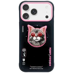 Nimmy Glasses Cool Cat magnetinis dėklas telefonui iPhone 17 Pro - juodas ir rožinis