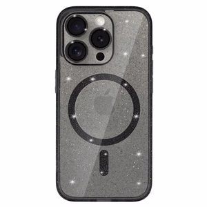 Glitter MagSafe juodas skaidrus dėklas telefonui iPhone 12