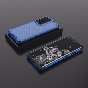 Korinio dizaino dėklas šarvuotas dangtis su geliniu rėmeliu Samsung Galaxy S22 Ultra mėlynas