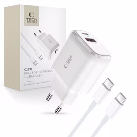 Tech-Protect C20W USB-C PD 20W / USB-A QC 3.0 įkroviklis su USB-C / USB-C kabeliu - baltas