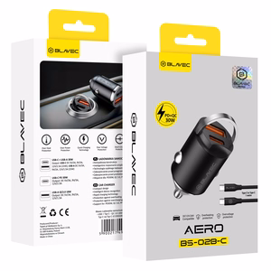 Blavec Automobilinis įkroviklis BS-02B-C Aero - USB + Type C - QC 3.0 18W PD 30W su Type C to Type C cable (CCBS02BCA-UCB) juodas