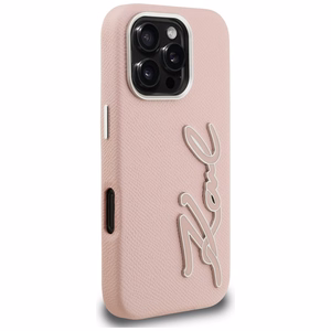 Karl Lagerfeld FW Grained Signature Logo Dėklas iPhone 16 Pro - rožinis