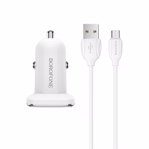 Borofone BZ12A Lasting Power QC3.0 18 W automobilinis įkroviklis su Micro-USB laidu, baltas