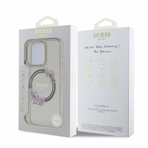 Guess GUHMP16XHFWFCK iPhone 16 Pro Max 6.9" juodas/juodas kietas dėklas IML Flowers Wreath Magnetinis