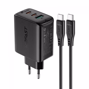 Acefast 2in1 sieninis įkroviklis 2x USB-C / USB-A 65W, PD, QC 3.0, AFC, FCP (rinkinys su USB-C 1.2m kabeliu), juodas (A13 black)