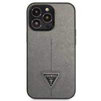 Guess GUHCP14XPSATLG iPhone 14 Pro Max 6.7" sidabrinis kietasis dėklas Saffiano Triangle Logo