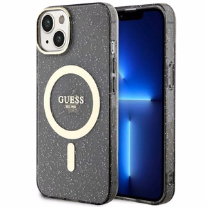 Guess GUHMP14MHCMCGK iPhone 14 Plus 6.7" juodas/juodas kietas dėklas Blizgučiai Auksas Magnetinis