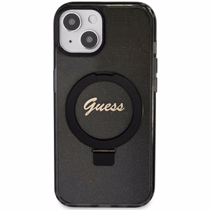 Guess Ring Stand Script Glitter Magnetinis dėklas telefonui iPhone 13 / 14 / 15 - juodas