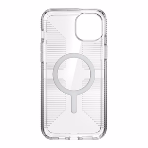 Speck GemShell Grip MagSafe dėklas, skirtas iPhone 15 Plus / 14 Plus, skaidrus su chromo spalvos akcentais