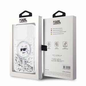 Karl Lagerfeld Skystas blizgutis Choupette Head Magnetinis dėklas telefonui iPhone 15 Pro – permatomas
