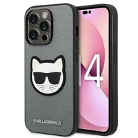 Karl Lagerfeld Saffiano Choupette Head Patch dėklas telefonui iPhone 14 Pro - sidabrinis