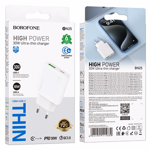 Borofone Įkroviklis BN25 Wish (Ultra Thin) - USB + Type-C - PD QC 3.0 30W baltas