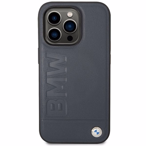 Dėklas telefonui BMW BMHMP14XSLLNA iPhone 14 Pro Max 6.7 - mėlynas odinis karšto štampavimo MagSafe