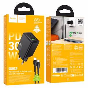 Įkroviklis telefonui Hoco USB A + USB C QC3.0 PD AFC 3A 30W + kabelis USB C į USB C N71 juodas