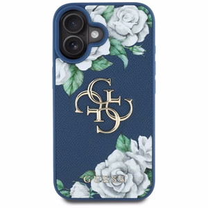 Guess Grained Roses Big 4G logo dėklas telefonui iPhone 16 - mėlynas