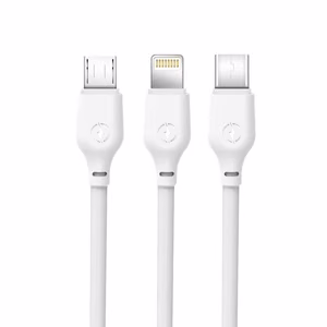 XO NB103 USB-A laidas „3 viename“ su Lightning, USB-C ir Micro-USB jungtimis, 1 m, 2,1 A – baltas