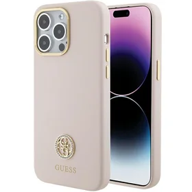 Guess Silikoninis Logo Strass 4G Dėklas telefonui iPhone 15 Pro Max - rožinis