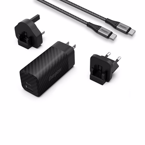 Energizer Ultimate A65MUC GaN kelioninis tinklo įkroviklis su EU / UK / US kištukais, USB-C + USB-A, 65 W PD, su USB-C laidu, juodas