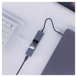 Savio AK-57 USB-C – 3x USB-A šakotuvas su RJ-45 gigabitų Ethernet adapteriu, 5000 Mbit/s, pilkas