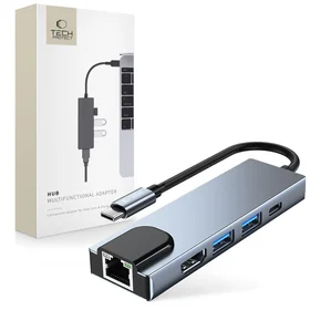 HUB Tech-Protect V3 5in1 USB-C - USB-A 3.0 / USB-A 2.0 / USB-C / HDMI / RJ45 - pilkas