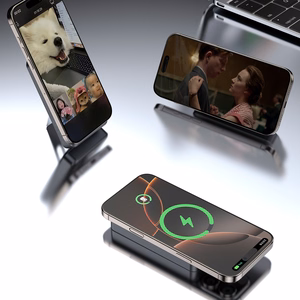 Dudao K29 10000mAh PD 20W Magnetinė išorinė baterija su metaliniu dėklu, stovu ir įmontuotais USB-C/Lightning kabeliais - sidabrinė