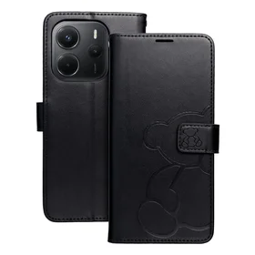 MEZZO knygos tipo dėklas telefonui XIAOMI Redmi Note 14 4G (GLOBAL - 164,84mm x 78,15mm x 8,16mm) su meškiuku, juodas