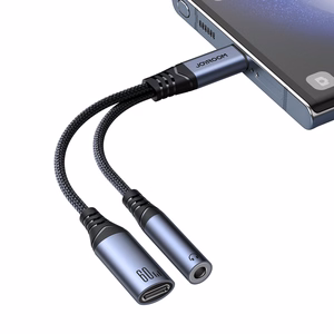 2‑in‑1 garso adapteris Joyroom SY-C02 Type-C į 3.5mm + Type-C (juodas)