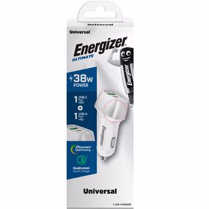 Автомобильное зарядное устройство Energizer Ultimate D38WS, USB-C + USB-A, 38 W PD + QC 3,0, бело-серебристый
