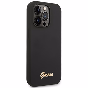 Guess Silikoninis Vintage Gold Logo iPhone 14 Pro dėklas - juodas