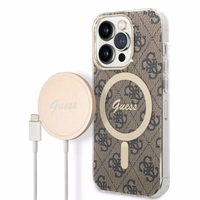 Rinkinys Guess GUBPP14LH4EACSW dėklas + įkroviklis iPhone 14 Pro 6.1" rudas/rudas kietas dėklas 4G Print Magnetinis