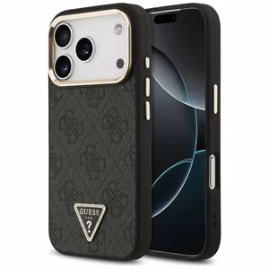 Чехол Guess PU Leather 4G Strass Triangle Logo Gold Frame MagSafe для Apple iPhone 18 Pro, чёрный