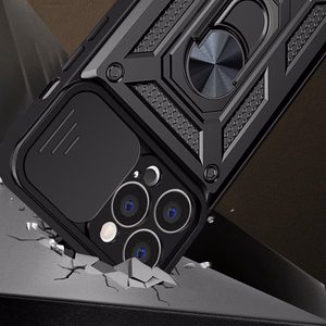 Hybrid Armor Camshield dėklas telefonui iPhone 14 Pro Max šarvuotas dėklas su kameros dangteliu juodas