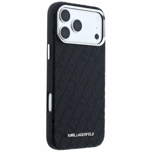 Karl Lagerfeld Grained Allover Logo Metal Elongated MagSafe dėklas, skirtas iPhone 18 Pro / 17 Pro, juodas