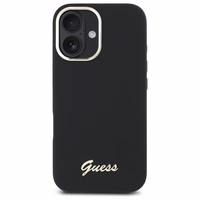 "Guess" silikoninis "iPhone 16 Plus" korpusas su metaliniu logotipu ir rėmeliu - juodas