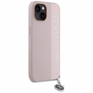Karl Lagerfeld Saffiano Rhinestones & Charm dėklas telefonui iPhone 15 / 14 / 13 - rožinis