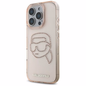 Karl Lagerfeld IML Rhinestones Karl Head dėklas telefonui iPhone 16 Pro rožinis