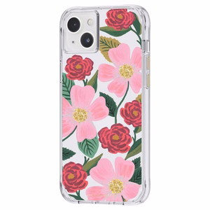 Rifle Paper Clear dėklas, skirtas iPhone 14 Plus, su aukso spalvos dekoru, „Rose Garden“ rašto