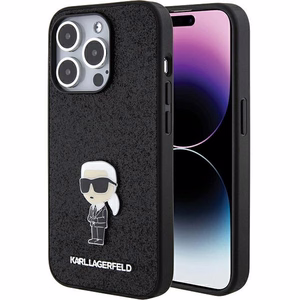Karl Lagerfeld Glitter Ikonik Logo metalinio logotipo dėklas iPhone 15 Pro Max juodas