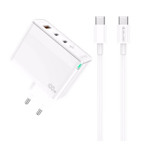 JELLICO tinklinis įkroviklis C118 GaN PD 100W 2xUSB-C + 1xUSB QC3.0 + laidas USB-C - USB-C Baltas