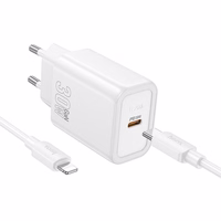 Įkroviklis telefonui Hoco USB C QC PD 30W + kabelis USB C į Lightning N62 baltas