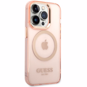Guess GUHMP14XHTCMP iPhone 14 Pro Max 6.7" rožinis/rožinis kietas dėklas Auksinis Kontūras Permatomas Magnetinis