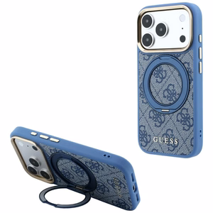 Guess 4G Classic Logo dėklas, skirtas iPhone 18 Pro Max / 17 Pro Max, su 360° žiedu-stovu, suderinamas su MagSafe – mėlynas
