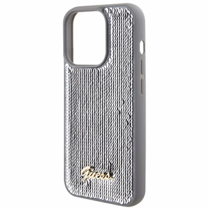 Guess Blizgučių Metalinis Užrašas dėklas telefonui iPhone 15 Pro - sidabrinis