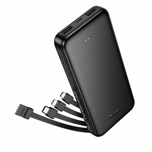 Išorinė baterija Hoco 10000 mAh 2A su keturiais integruotais laidais USB A + USB C + Lightning + Micro USB J163 juoda