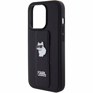 Karl Lagerfeld dėklas telefonui su stovu Gripstand Saffiano Choupette Pins iPhone 15 Pro - juodas