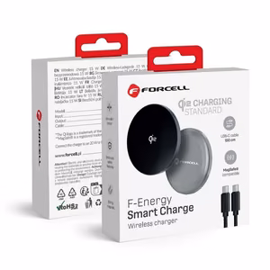 FORCELL F-ENERGY Smart Charge Qi2 15W belaidis įkroviklis su 150cm nuimamu kabeliu suderinamas su MagSafe sidabrinis