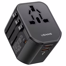 USAMS Adapter siec 2xUSB+1xUSB-C T59 20W 4w1 US/AU/EU/UK juodas CC179TC01 (US-CC179) Universal Kelioninis įkroviklis