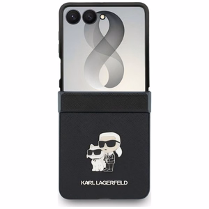 Juodas „Karl Lagerfeld Saffiano Karl & Choupette Pin“ dėklas, skirtas „Samsung Galaxy Z Flip8“