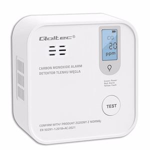 Qoltec 52577 Belaidis anglies monoksido (CO) jutiklis su baterija | jutiklio tarnavimo laikas 10 metų | signalizacija 85dB | LED